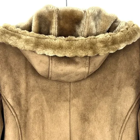 Faux Suede Jacket Womens SZ XL Faux Fur Trim Hood Embroidered Floral Soft Brown - Picture 5 of 11